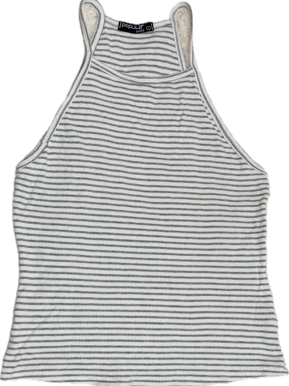 Popular Basics White & Gray Striped Ribbed High-Neck Tank Excellent Condition
